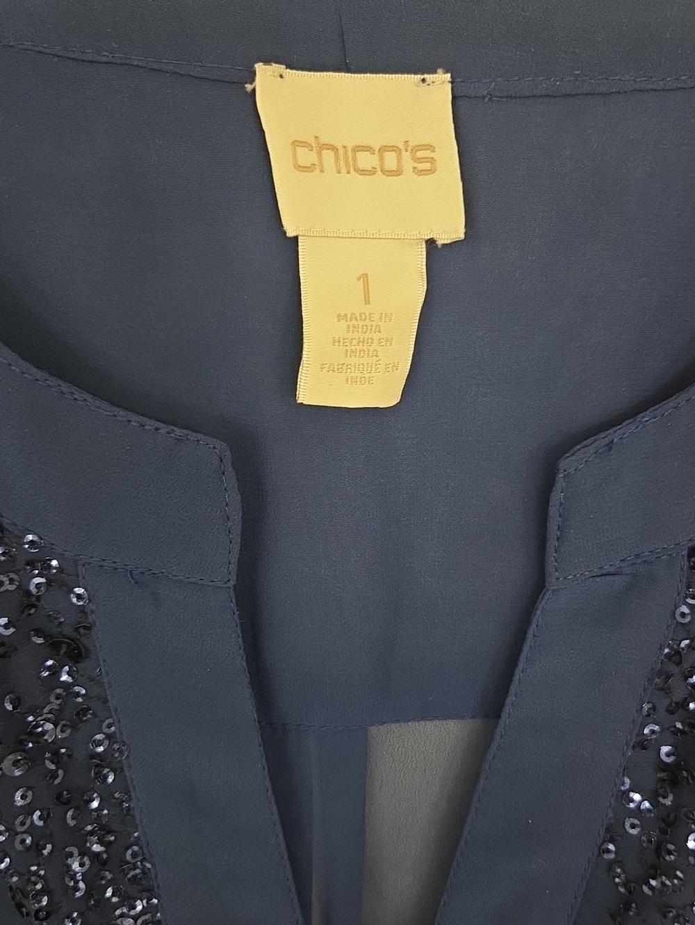 Beautiful Blue Beaded Top By Chicos. V Neck With Sheer Arms & Back, Front Lined. - Picture 2 of 11